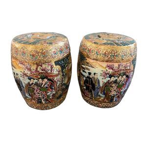 Pair of Vintage Royal Satsuma Porcelain Stools 5" Japanese Geisha Moriage Gilt